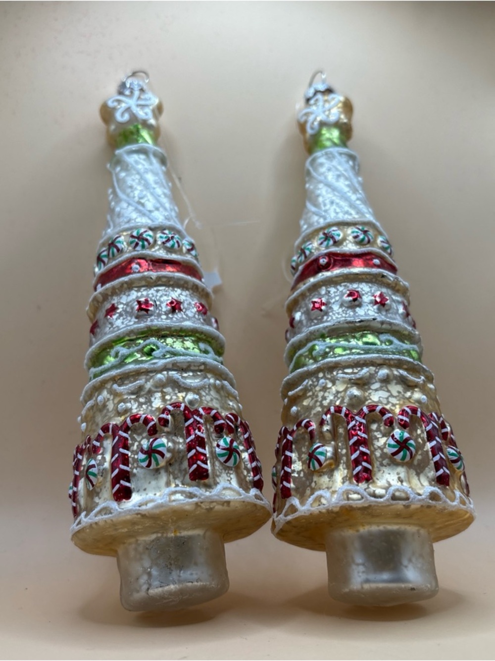 2 tree Holiday Peppermint Candy Tower Christmas Ornaments by RAZ blown glass